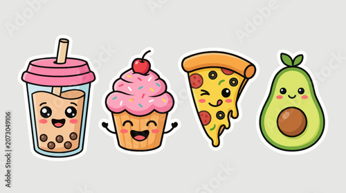 Kawaii food characters set