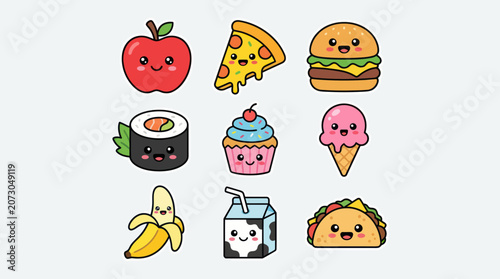 Kawaii food icons set