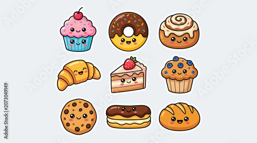 Kawaii food icons sweet pastries and baked goods