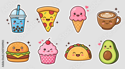 Kawaii food icons with happy faces