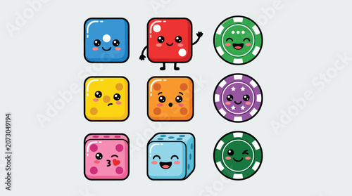 Kawaii game dice and chips icons