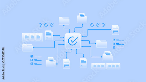 Digital document management workflow system with folder processing pipeline and task data checklist diagram.