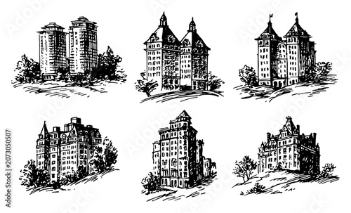 Fotografija historic mansions and grand castle hotels set in hand drawn vintage architectura