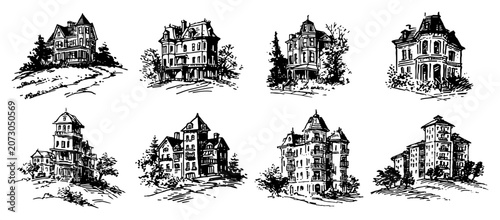 Vászonkép Victorian mansions and historic gothic manor houses in hand drawn engraving styl