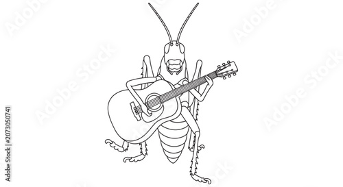Grasshopper Playing Guitar Black And White Line Art Illustration insect