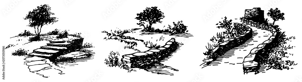 Obraz premium stone garden stairs and winding paved pathways on hills in hand drawn vintage sketch style