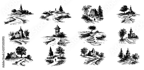 Foto Scenic rural pathways with lone travelers and country churches in vintage engrav