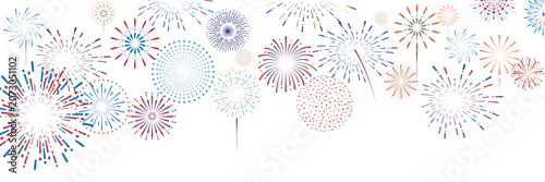 Colorful fireworks display panoramic border isolated on white background; horizontal celebration web banner layout with red blue gold patriotic firework bursts