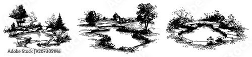 Fotografie Natural garden ponds and winding rivers surrounded by rocks and trees in vintage