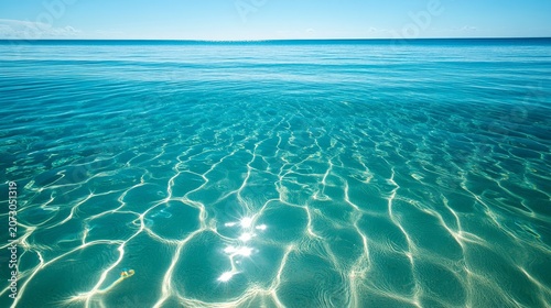 Crystal clear turquoise ocean water with sunlight patterns on the sandy seabed below