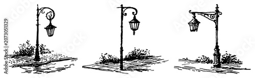 Quadro su tela Cast iron street lamp posts and antique gaslights on sidewalks in vintage sketch