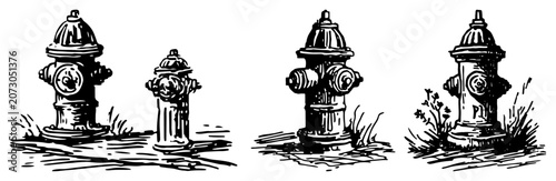Photos Cast iron fire hydrants on city sidewalks in vintage engraving sketch style