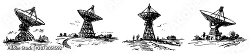 Photos Satellite dish receivers and parabolic antennas on grassy hills in vintage engra