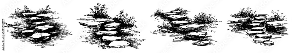 Obraz premium Stepping stone paths and garden walkways on grass hand drawn vintage vector sketch style