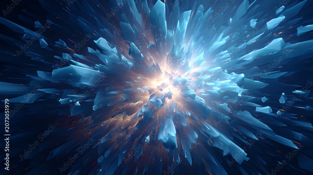 Fototapeta premium An abstract explosion of blue and yellow ice shards, resembling a powerful cosmic burst of energy with a glowing center