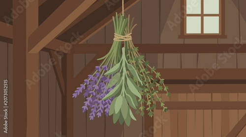 Cuadro en lienzo Herb Drying Bundle Hanging Upside Down in Barn