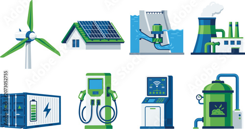 Tableau sur toile Set of renewable energy and sustainable power generation icons including wind, s