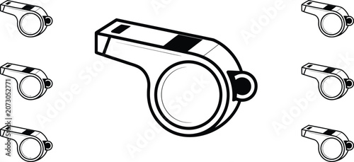 Minimalist sports whistle vector icon set, black and white referee whistle illustrations, athletic coach equipment symbols for competition