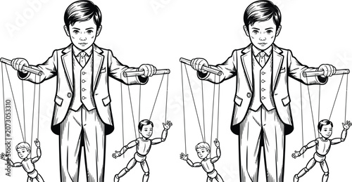 Schilderij op canvas Vector illustration of puppeteers controlling puppets, black and white, cartoon