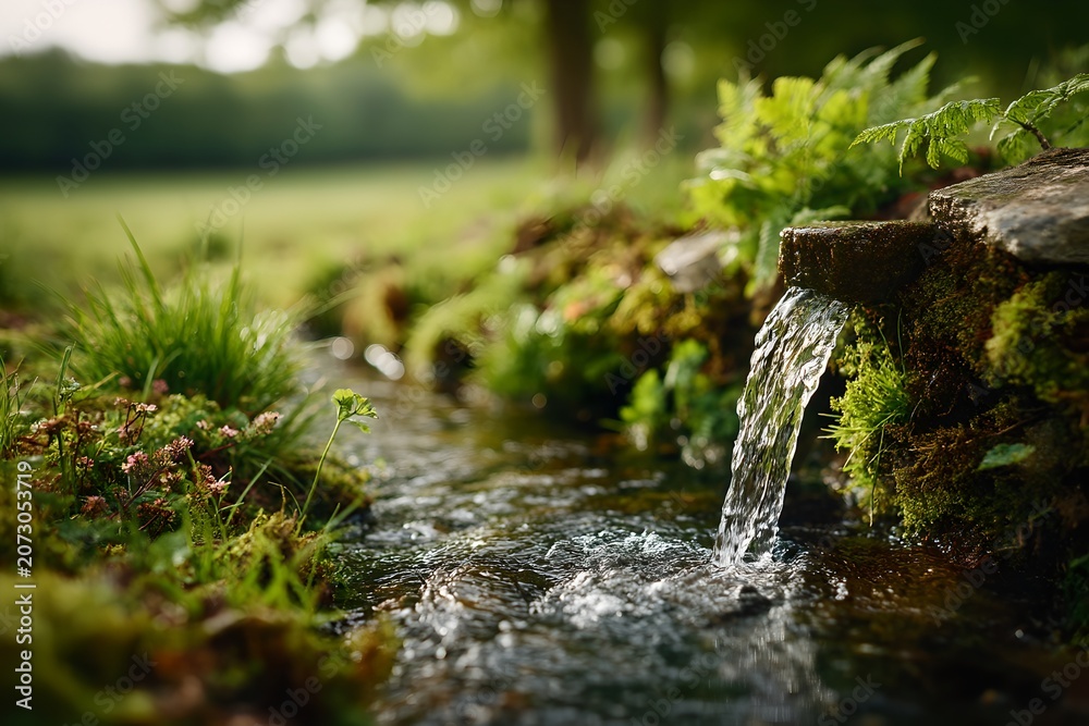 Fototapeta premium A small stream cascades over mossy rocks, surrounded by lush green vegetation and sunlight dappled foliage. The tranquil scene evokes a sense of natural beauty and serenity