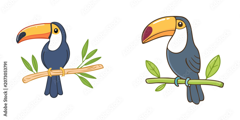 Fototapeta premium Set of Toucans Perched on Branches with Leaves