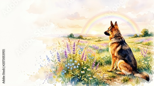 German Shepherd dog sitting in a blooming flower field looking peacefully at a rainbow.