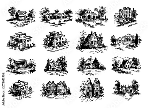 Εκτύπωση καμβά Classic mansions and residential townhouses collection in vintage architectural