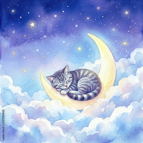 Cute sleeping grey tabby cat resting on a yellow crescent moon among fluffy clouds and stars.