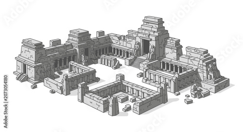 Ancient stone temple complex with monumental statues