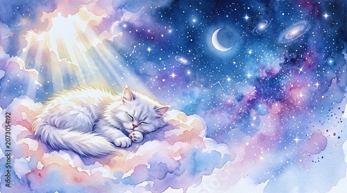 Fluffy white cat sleeping peacefully on pink pastel clouds under a magical starry night sky.