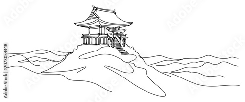 Traditional Japanese temple on mountain peak in minimalist one line art style