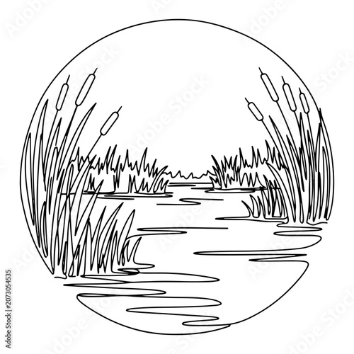 Fotografie River landscape with reeds and cattails in minimalist circle line art style