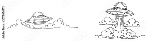 Obraz na plátně UFO flying saucer over clouds in space minimalist continuous line art style