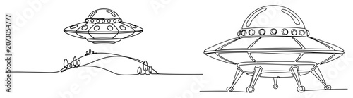 Fotografie Flying saucer over landscape and landed UFO with legs in minimalist one line art