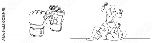 Fotografía MMA gloves and martial arts fighters grappling in minimalist one line art style