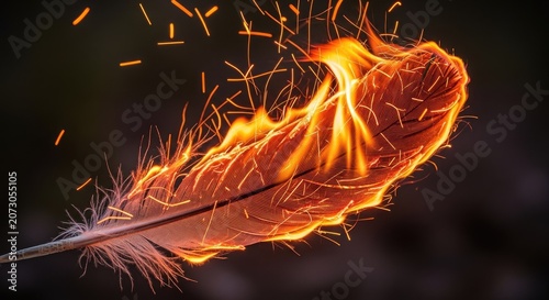 Bird feather burning with intense orange flames and sparks