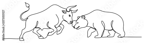 Billede på lærred Stock market bull and bear symbols in minimalist continuous line art style
