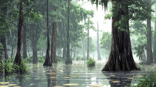 Dense cypress swamp with water reflecting trees and heavy rain falling through the canopy