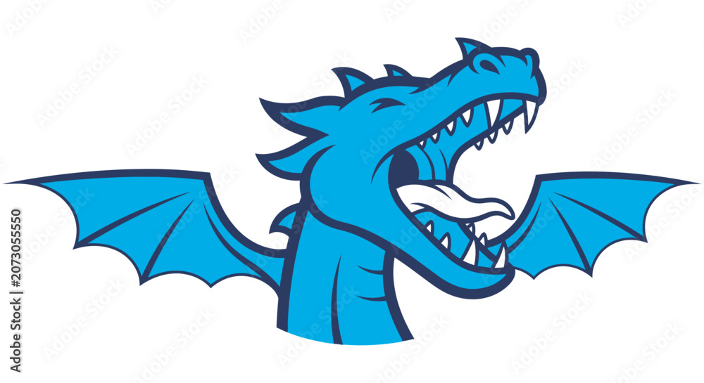 Fototapeta premium Blue Dragon Head Illustration With Wings Vector Graphic On White Background