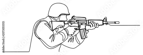 Konstfotografi Soldier aiming assault rifle weapon continuous line drawing style