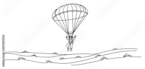 Foto Paratrooper soldier landing with parachute in landscape minimalist line art styl
