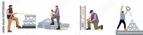 Tableau sur toile Collection of diverse industrial riggers handling ropes and metal truss structures for assembly in a construction or warehouse setting, isolated flat vector illustrations
