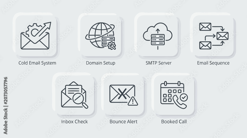 Fototapeta premium Comprehensive collection of email marketing icons showcasing cold email systems domain setup smtp servers sequence management and inbox monitoring tools.