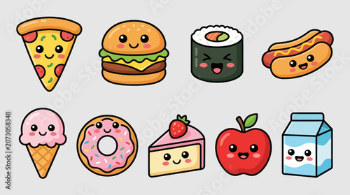 Kawaii food characters set