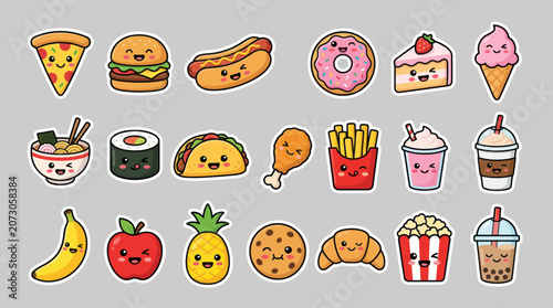 Kawaii food icons cute characters