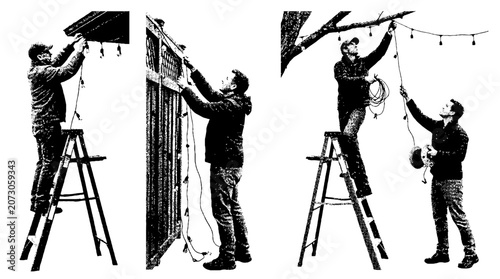 A vibrant halftone vector image of individuals installing holiday lights, reflecting the joyous and communal spirit of celebration and the aesthetic of festive decorations.