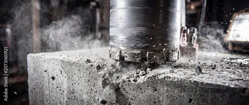 Professional diamond core drilling machine cutting concrete slab with dust and debris scattering during construction site operation