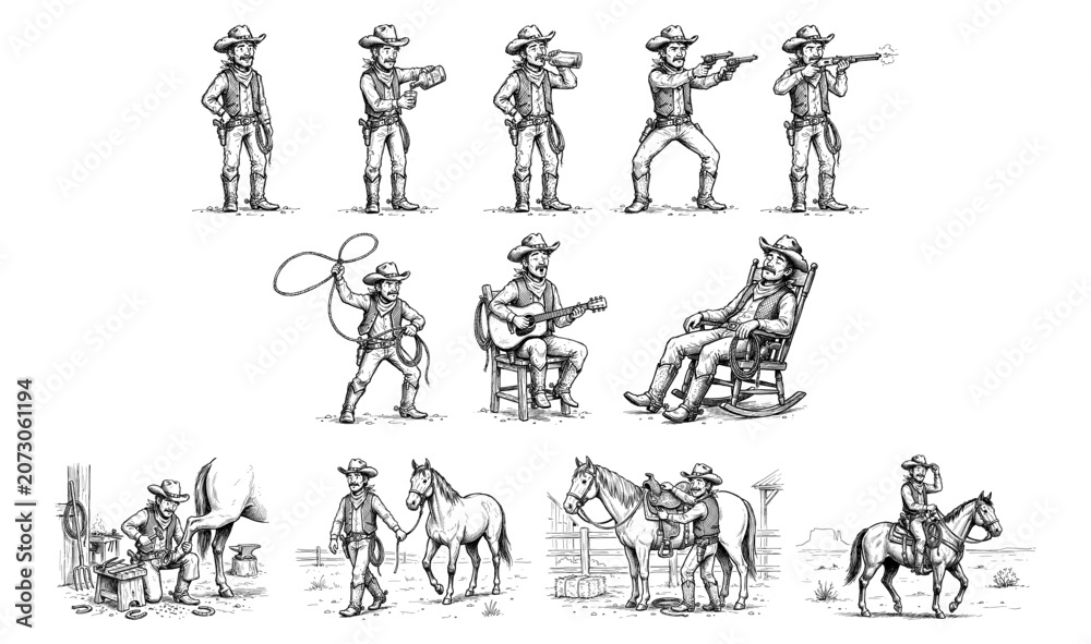Naklejka premium Western Cowboy Cartoon Doodle Set