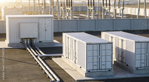 Modern electrical substation with battery storage containers and power lines