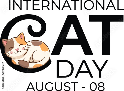 International cat day logo with sleeping kitten
